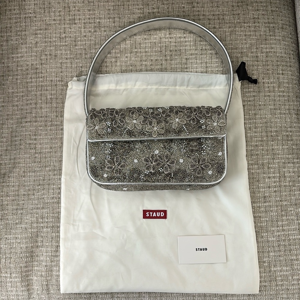 STAUD Tommy Beaded Flap Shoulder Bag (NWOT) - Silver Garden Party - Picture 3 of 13